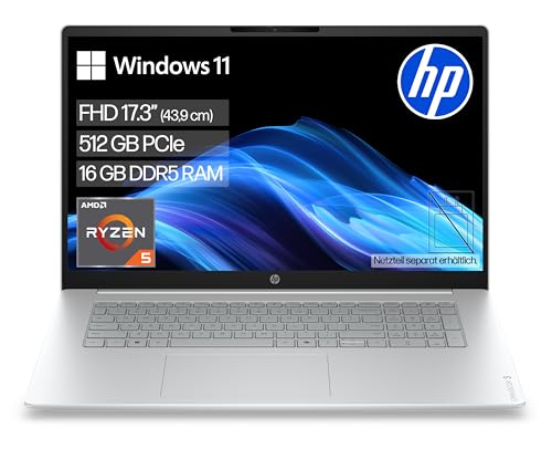 HP OmniBook 3 Laptop (17,3" FHD Display, AMD Ryzen 5, 16GB RAM, 512GB, Win11, QWERTZ) - Silber