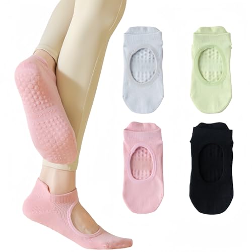 Culeotah 4 Pairs Pilates Socks with Grips for Women Non Slip Ruffle Yoga Socks