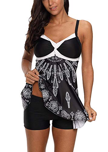 LAMISSCHE Womens Spaghetti Strap Bathing Suit Dress Printed Padded Tank Top Tankini Swimsuits(Two-Piece Black,L)