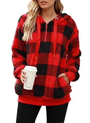 Nirovien Womens Sherpa Pullover Tie Dye Fuzzy Hoodie Double Fleece Sweatshirts Fluffy Oversized Plaid Outerwear(Red Plaid,M) #TOP2