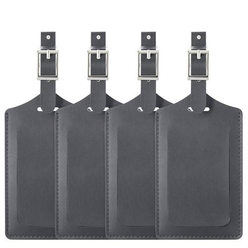 Image of Travelambo 4 Pack Leather Luggage Tags for Suitcases Travel Labels (Deep Grey)