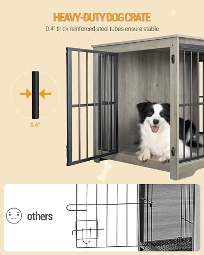 XL Large Dog Crate Furniture, 44.1" Indoor Dog Kennel Furniture with Barn Door, Wooden Tall Dog Crate, Heavy Duty Dog Cage for Large Dogs, Side End Table, Anti-Chew, Greige Black DFC80105B