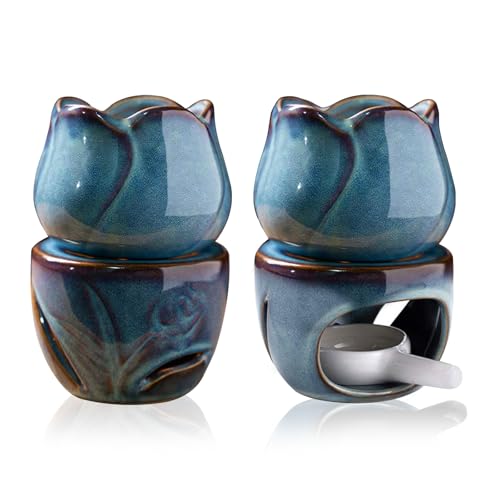 MEETOZ Wax Melt Burners Essential Oil Burner Set of 2 with Tealight Spoon, Fragrance Essential Oil Burner Tealight, Tea Light Candle Wax Warmer, Tealight Fragrance Oil Warmer