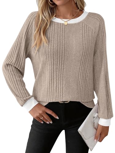 CFLONGE Fall Tops for Women Trendy 2025 Crewneck Long Sleeve Business Casual Shirts Fashion Knit Ribbed Tunic Going Out Tops