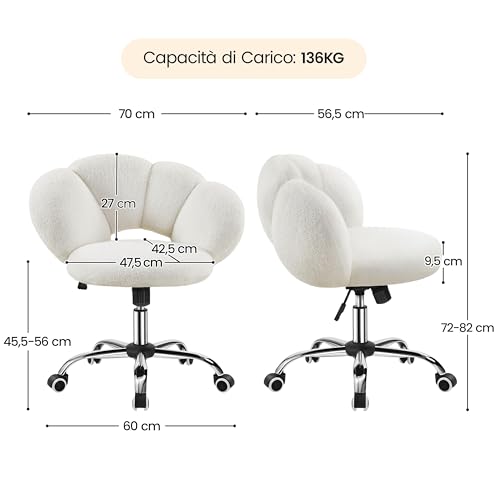 Sedia da Ufficio Scrivania Bianca Cameretta Imbottita Senza Braccioli Ergonomica con Ruote Girevole, Schienale Design a Nuvola in Tessuto Bouclé, Altezza Regolabile - Sedia gaming - Immagine 2