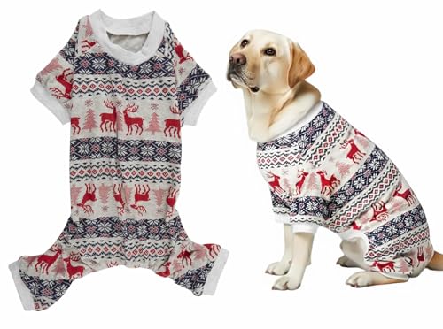 Lanyarco Cotton Pet Dog Christmas Pajamas Jumpshit, Xmas Grey Reindeer Christmas Onesies for Large Breeds Dogs, X-Large 23