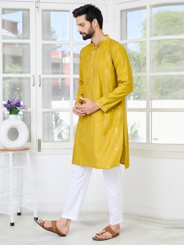 Image of See Designs Men's Full Sleeve Mandarin Collar Sequins Embroidered Straight Long Kurta - Festive Collection