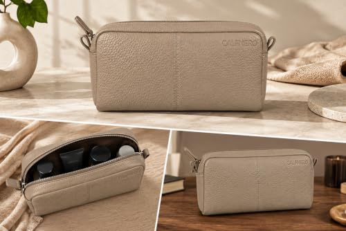 Image of Calfnero Genuine Leather Toiletry Bag for Men & Women | Premium Leather Travel-Pouch | Toiletry Organizer | Cosmetic & Shaving Kit Bag | Unisex Travel Dopp Kit (Beige)