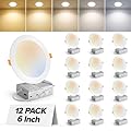 MAILCOS 12 Pack 6 Inch 5CCT Ultra-Thin LED Recessed Ceiling Light with Junction Box, 2700K-5000K Selectable, 1050LM High Brightness, Dimmable Canless Wafer Downlight, 12W 120V, ETL