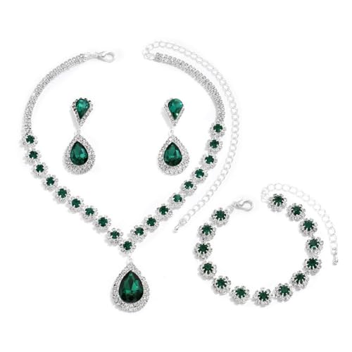 FDEETY Schmuckset für Damen Modische Elegante Schmuck Braut Tropfen Halskette Armbänder Strass Ohrringe Set Anhänger Schmuck Set Geschenke Schmuck(Grün)