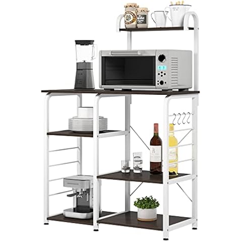 SDHYL Coffee Bar, 35 inch Bakers Rack Microwave Stand with 5 Storage Shelves and Hooks, Kitchen Shelves Organizers Racks, Microwave Table Coffee Station Table for Home Kitchen Bathroom, Black Brown Cover