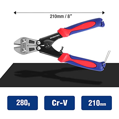 Image of WORKPRO Mini Bolt Cutter 8-inch, Spring Loaded Small Heavy Duty Wire Cable Cutter, Snips Clippers with Soft Anti-Slip Handle
