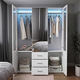 BRILVERDE Armario de 4 puertas con 3 cajones, con barra para colgar y