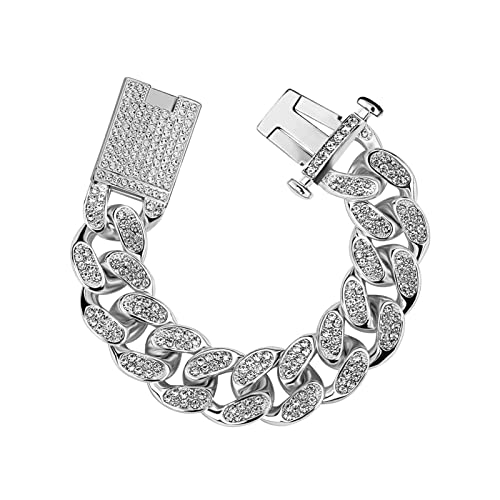 OYOGAA 20mm Diamond Chunky Miami Cuban Link Chain for Men Iced Out 14K Gold Plated Necklace Silver Bracelet Women Copper Clasp (9'' Bracelet, Silver)