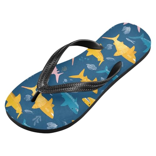 ALAZA Colorful Cartoon Shark Flip Flops for Women Fashion Beach Slippers Comfort Mens Flip Flops Non-Slip Rubber Shower Slippers Sandal for Hotel Travel Sport,XS2