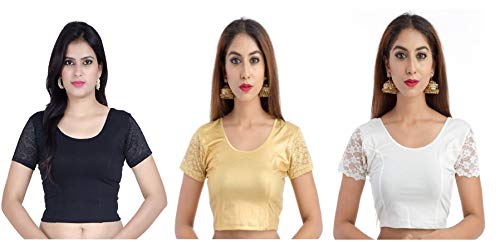 Image of Fressia Fabrics Women's Stretchable Readymade Saree Blouse Pack of 3-100black 117gold XXX