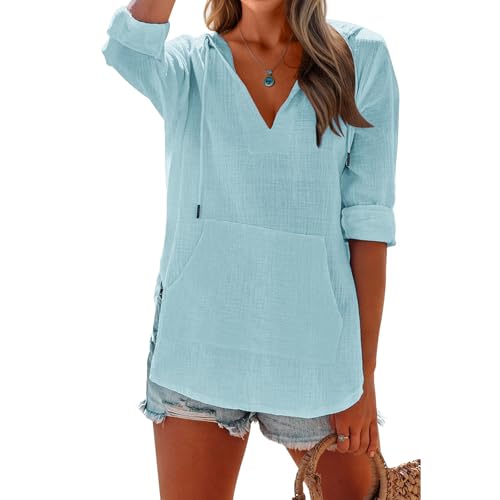 Women's Beach Cover Up Casual V Neck Long Sleeve Linen Hoodie Pullover Tops Lightweight Hooded Shirt with Pocket2