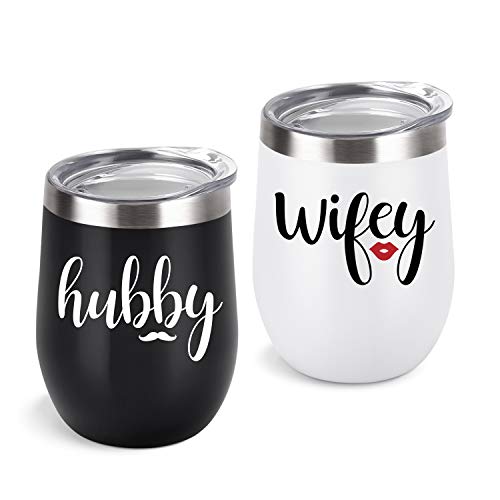 Wifey and Hubby Wine Tumbler Set, Valentine Birthday Gifts for Wife Husband Couples