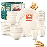 Wheat Straw Dinnerware Sets,56-Piece Beige Plates and Bowls Sets for 8-Unbreakable,Reusable Plastic...