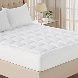 OLANLY Queen Quilted Fitted Mattress Pad, Elastic Fitted Mattress Topper, Cooling Soft Mattress Cover Stretches up to 21 Inches Deep, Machine Washable Mattress Protector (60×80 inch, White)
