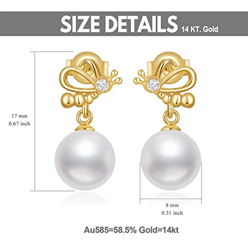 14K Real Pearl Stud Earrings For Women,Yellow Gold 8 Mm Freshwater Pearl Rose Flower Studs/Butterfly Studs/Four Leaf Clover Studs With Earrings Back,Fine Jewelry Gift For Girls,Mom,Wife (Butterfly) #TOP5