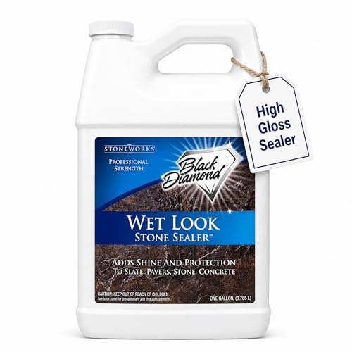Wet Look Natural Stone Sealer. Durable, Long-Lasting Gloss Protection. Interior and Exterior Pavers, Slate, Sandstone, Travertine, Flagstone, Driveways, Garage Floors, etc. Black Diamond Stoneworks.