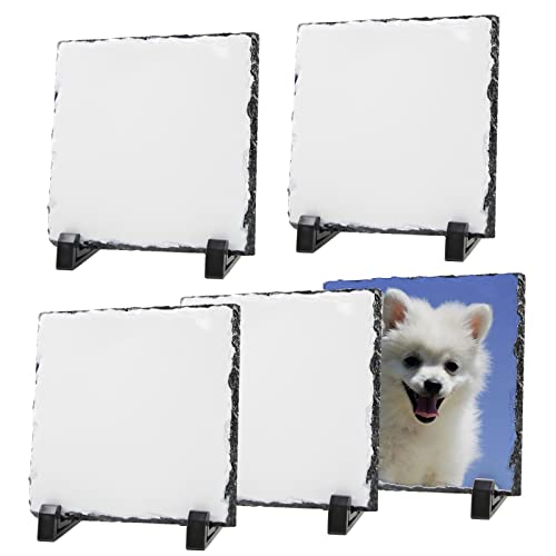 5 Pack Sublimation Slate Blanks Custom Stone Slate Picture Frame Heat Transfer Rock Photo Plaque 6x6 Inch with Display Stand Decoration for Desktop Souvenir DIY Personalized Gift