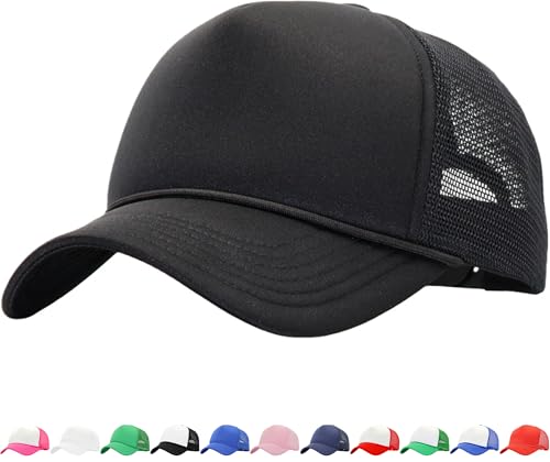 YEANIY Black Trucker Hat for Men Women – Foam Front Mesh Back Cap, Breathable Adjustable Snapback Baseball Hat, Lightweight Curved Brim Summer Cap for Outdoor Casual