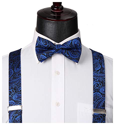 Image of HISDERN Suspenders for Men Paisley Floral Bow tie Suspender Pocket Square Sets Adjustable Y Shape 6 Clips Wedding Braces