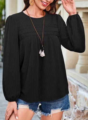 Womens Fall Tops Crewneck Long Sleeve Striped Shirts Dressy Casual Ribbed Blouses Flowy Hem Boho Clothing 20252