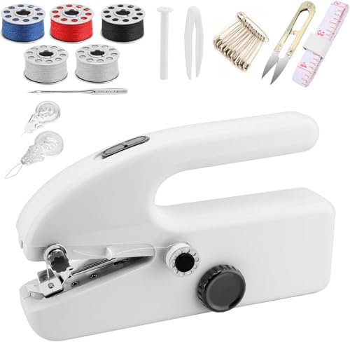 Mini Sewing Machine, Handheld Sewing Machine, Portable Electric Sewing Machines for Beginners with Two Speeds, Dual Electric Power Mode, Easy to Use, Suitable for Home, Travel and DIY (White)