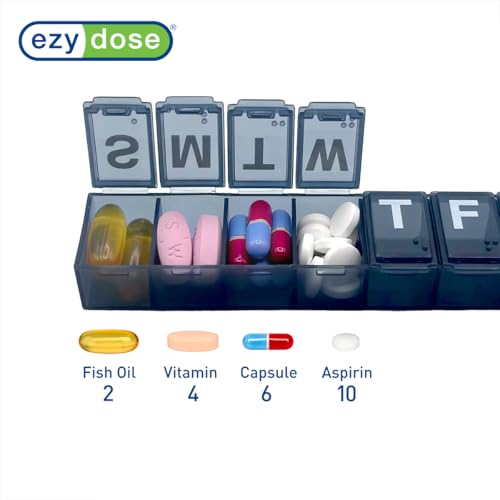 Image of EZY DOSE Weekly (7-Day) Daily Pill Organizer, Vitamin Planner, Medicine Container, Case for Supplements and Fish Oils, Convenient and Easy to Use, Medium Compartments, Travel Friendly, Black, BPA Free