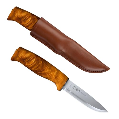 HELLE Knives - Fjellkniven - Outdoor Adventure Camping Knife Stick Tang Stainless Steel Fixed Blade with Sheath Curly Birch Handle Made in Norway