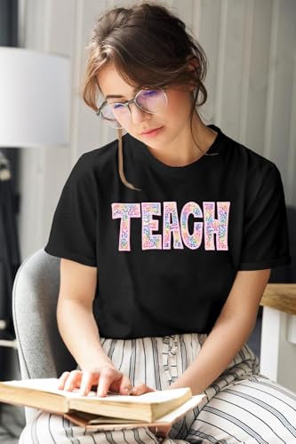 FASHGL Teacher Shirts Women Funny Teach Sequin Printed Graphic Tshirt Short Sleeve T-Shirt Teacher Gifts Tee Tops3