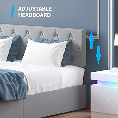 Mjkone Full Size Bed Frame, Upholstered Platform Bed Frame With 4 Built-In Storage Drawers & Adjustable Headboard, Button Tufted Design, No Box Spring Needed- Light Grey #TOP4
