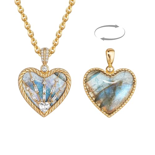 Fettero Gold Necklace for Women, 14K Gold Plated Heart Charm Necklaces for Women Double Sided Pendant Heart Necklace for Mom Wife Valentines' Day Jewelry