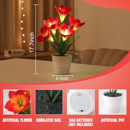 Image of Artificial Red Amaryllis Flower Lamp Night Light for Bedroom Bar Coffee Shop Wedding Decor, Gifts for Women Mom Daughter Grandma Aunt Girlfriend Friend Birthday Christmas Valentines Mothers Day
