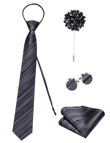 Image of Hi-Tie Zipper Ties for Men Pre-tied Tie Set Lapel Pin Pocket Square and Cufflinks Formal Business Wedding Adjustable Necktie