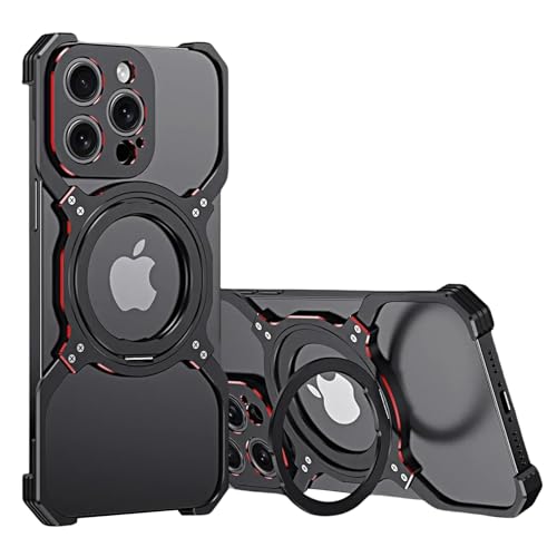 Coque iPhone 16 Pro Max MagSafe avec béquille rotative 360° sans cadre en aluminium noir rouge