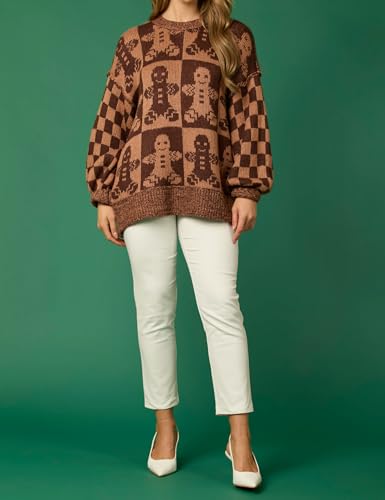 Women Checkered Holiday Oversized Sweater Cute Plaid Print Crewneck Sweatshirt Y2k Knit Puff Sleeve Chunky Jumpers3