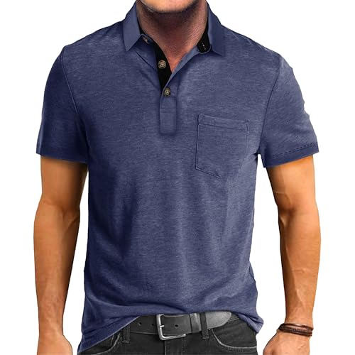 Men Plain Short Sleeve Lapel T-Shirt Quarter Button Simple Polo Shirts Summer Loose Chest Pocket Pullover Tops (Dark Blue,XX-Large)
