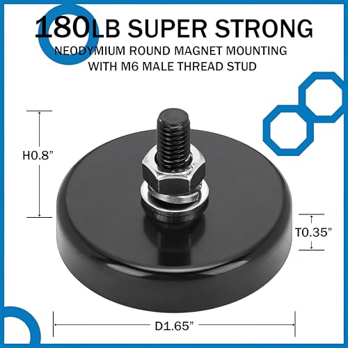 Image of Flutesan 8 Pieces Heavy Duty Round Mounting Magnet with Bolt 1.65in-180lb-M6 Black with Male Thread Stud Strong Magnet Super Powerful for Lighting Camera Brackets License Plate