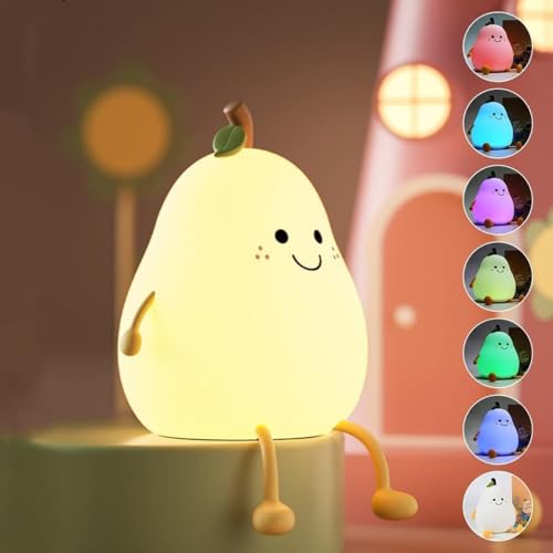 Image of MoonlitDreams Cute Pear Night Lamp for Kids | Rechargeable Silicone Night Light | Soft LED Bedside Lamp for Baby, Girls | Gift for Sister & Bedroom Decor
