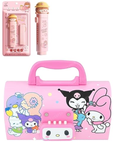 Image of WORSHIPER New Cartoon Theme Pencil Box with Push Pull Eraser Set for Kids | Suitcase Style Password Lock Stationery Organizer | School Supplies Gift Combo for Boys & Girls (Kuromi Pink + Eraser)