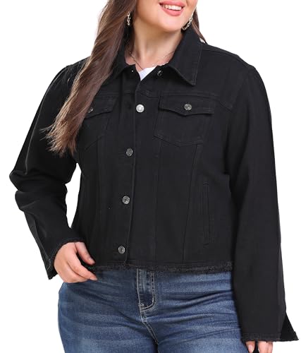 andy & natalie Women's Plus Size Jean Jacket Fashion Lightweight Denim Jackets Frayed Hem Casual Jacket