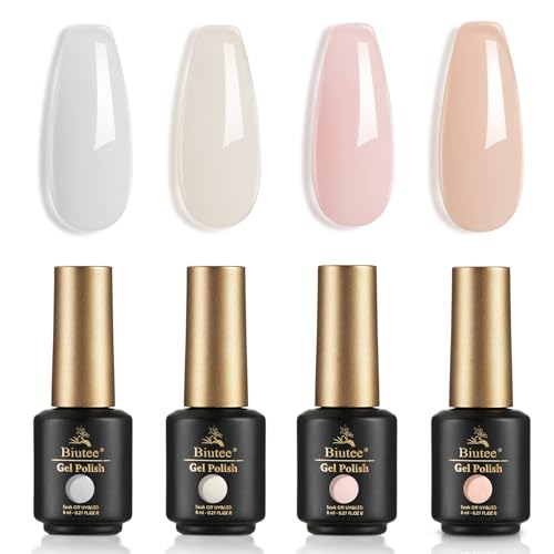 Biutee Esmalte en gel semipermanente Claro Lechoso Blanco Nude - Esmalte de uñas Transparente Jelly Soak Off U V LED Nude Para Estudio de Manicura DIY en Casa 4pcs
