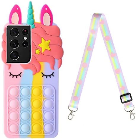 Lubiogio Stress Relief Phone Case for Samsung Galaxy S21 Ultra 6.8 inch with Strap,3D Cute Cartoon Kawaii Girls Women Kids Push Pop Bubble Unicorn Character Soft Silicone Case (S21 Ultra 6.8 inch)