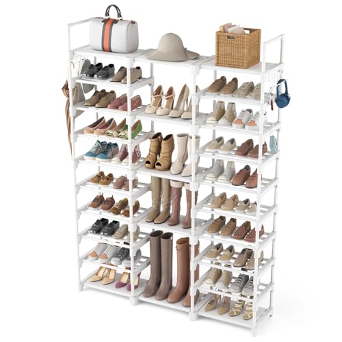 Vicye Schuhregal 10 Ebenen Schuhaufbewahrung, DIY Schuhablagen aus Metall, 54-62 Paar Schuhe Aufbewahrung, Platz Sparen, Standregal Schuhschrank mit Haken Weiß für Eingang, Ankleidezimmer und Flur