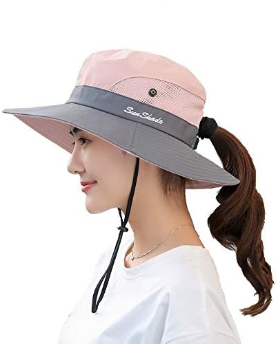 HSELL Womens UV Protection Wide Brim Sun Hats Cooling Mesh Ponytail Hole Cap Foldable Travel Outdoor Fishing Hat (Pink)