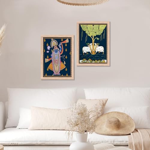 Image of kotart Traditional Indian Wall Art Painting Set of 2 | Kamdhenu Cow Design | MDF Wooden Framed Spiritual Wall Decor for Living Room, Pooja Room & Home (Art 5, 25x37 Inch)